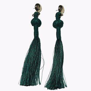 Elegant Long Green Tassel Earrings Gold Tone Drop Dangle Statement Jewelry